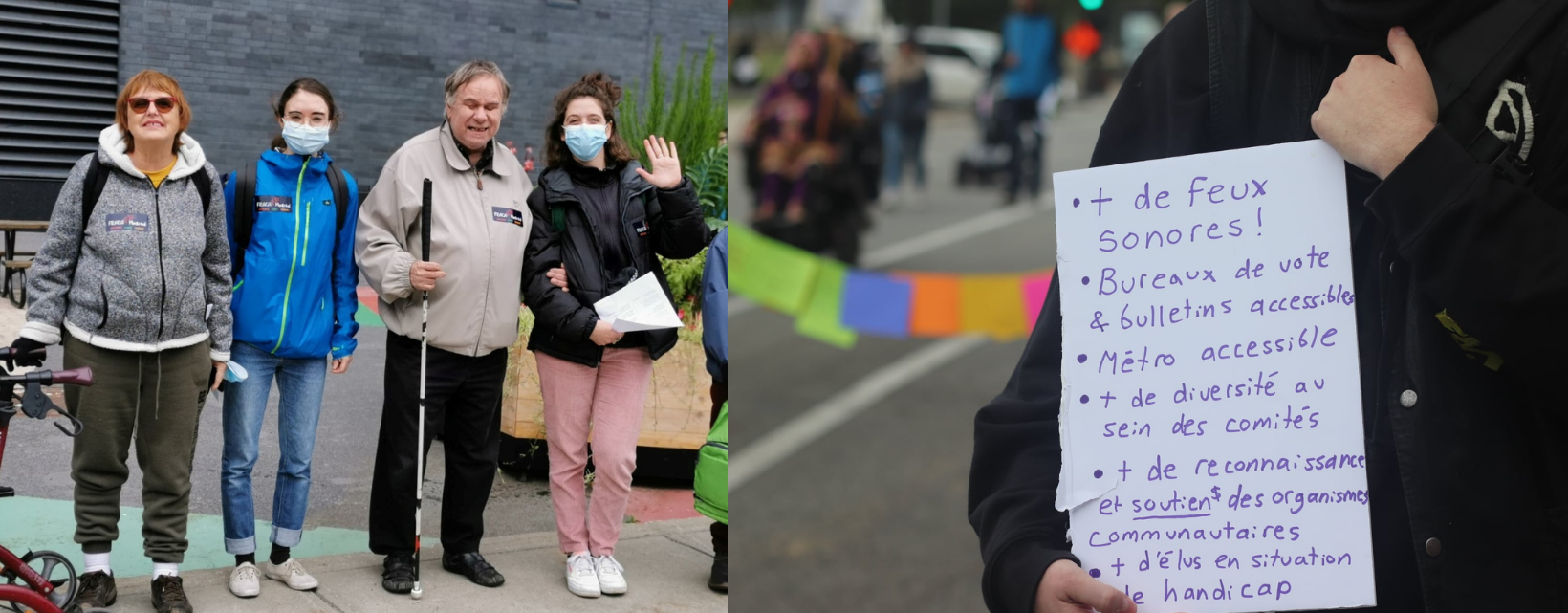 Photos: Des membres du RUTA et de l'équipe de travail sourient lors d'une action de mobilisation. La 2e photos montrent quelqu'un qui tient une pancarte sur laquelle il y a des revendications.