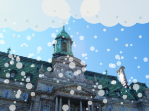 Photo-montage: L'hôtel-de-ville de Montréal sous la neige.