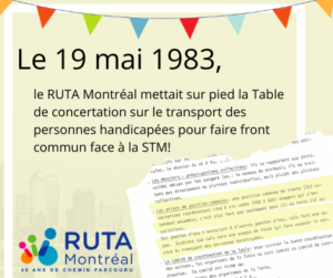 Description de la troisième vignette: « Le 19 mai 1983, le RUTA Montréal mettait sur pied la Table de concertation sur le transport des personnes handicapées pour faire front commun face à la STM!" 